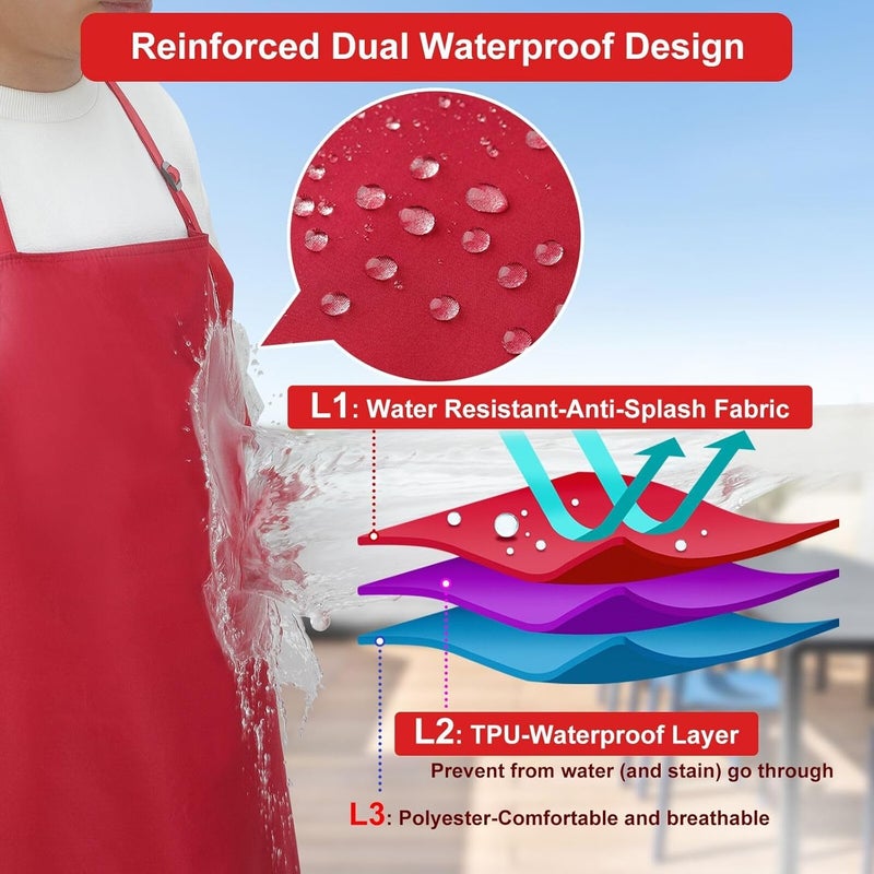 SHEOMERN 3-Layer Waterproof Apron - Pocket-Free Hygienic Design for Dishwashing & Dog Grooming - Lightweight Durable Protection for messy Kitchen Cooking, Baking, for Men & Women (3 Pack,Red) - Image 2